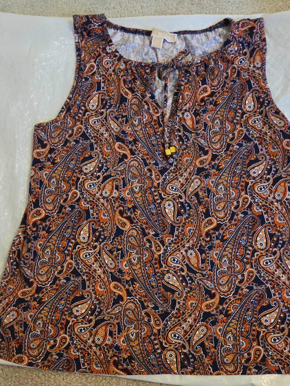 Michael Kors Collection Navy and Orange Paisley Tie-Neck Sleeveless Top